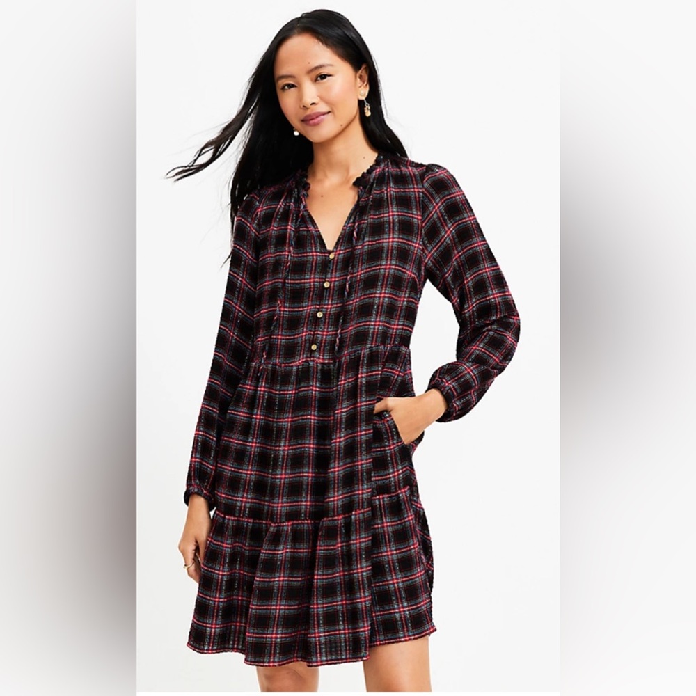 New Loft Shimmer Plaid Tiered Dress Small $89.95